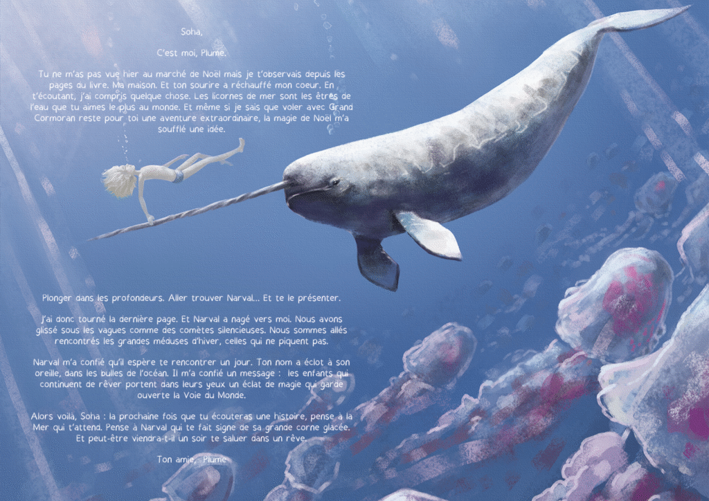 Lettre pour Soah, rencontrée au marché de Noël de Névez le dimanche 30 Décembre 2025. Son rêve était de rencontrée un Narval